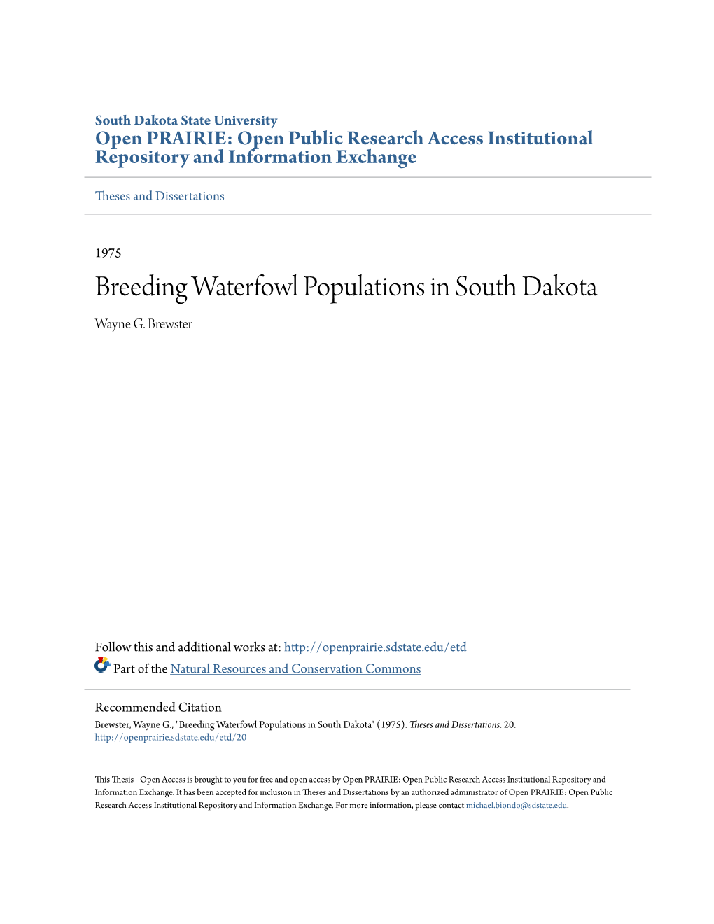 Breeding Waterfowl Populations in South Dakota Wayne G