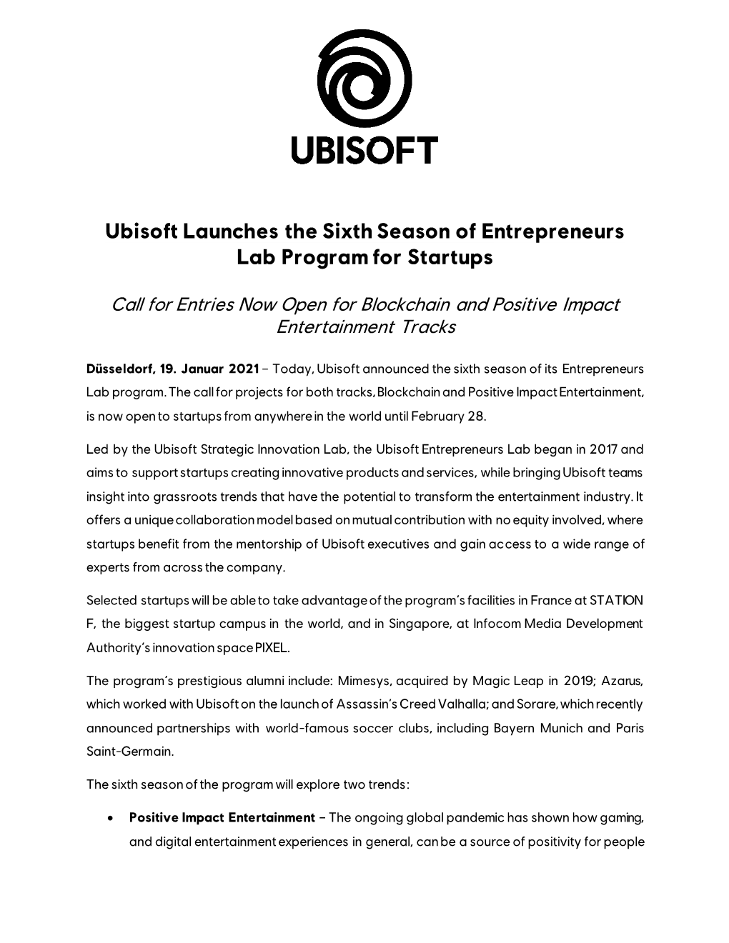 Ubisoft Launches the Sixth Season of Entrepreneurs Lab Program for Startups