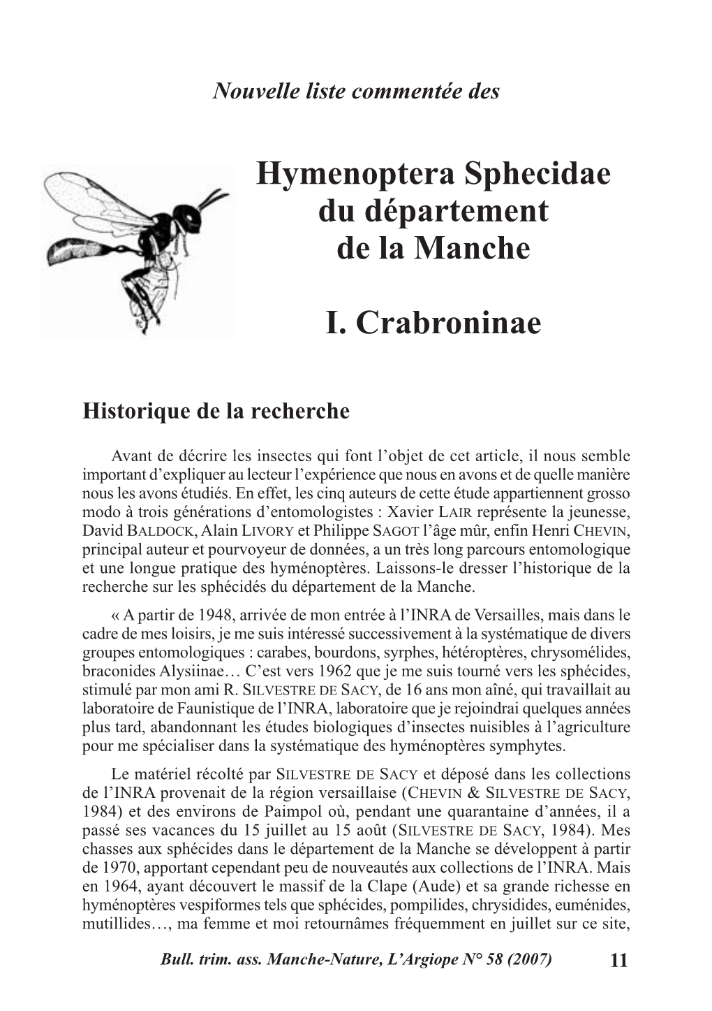 Nouvelle Liste Commentée Des Hymenoptera Sphecidae Du