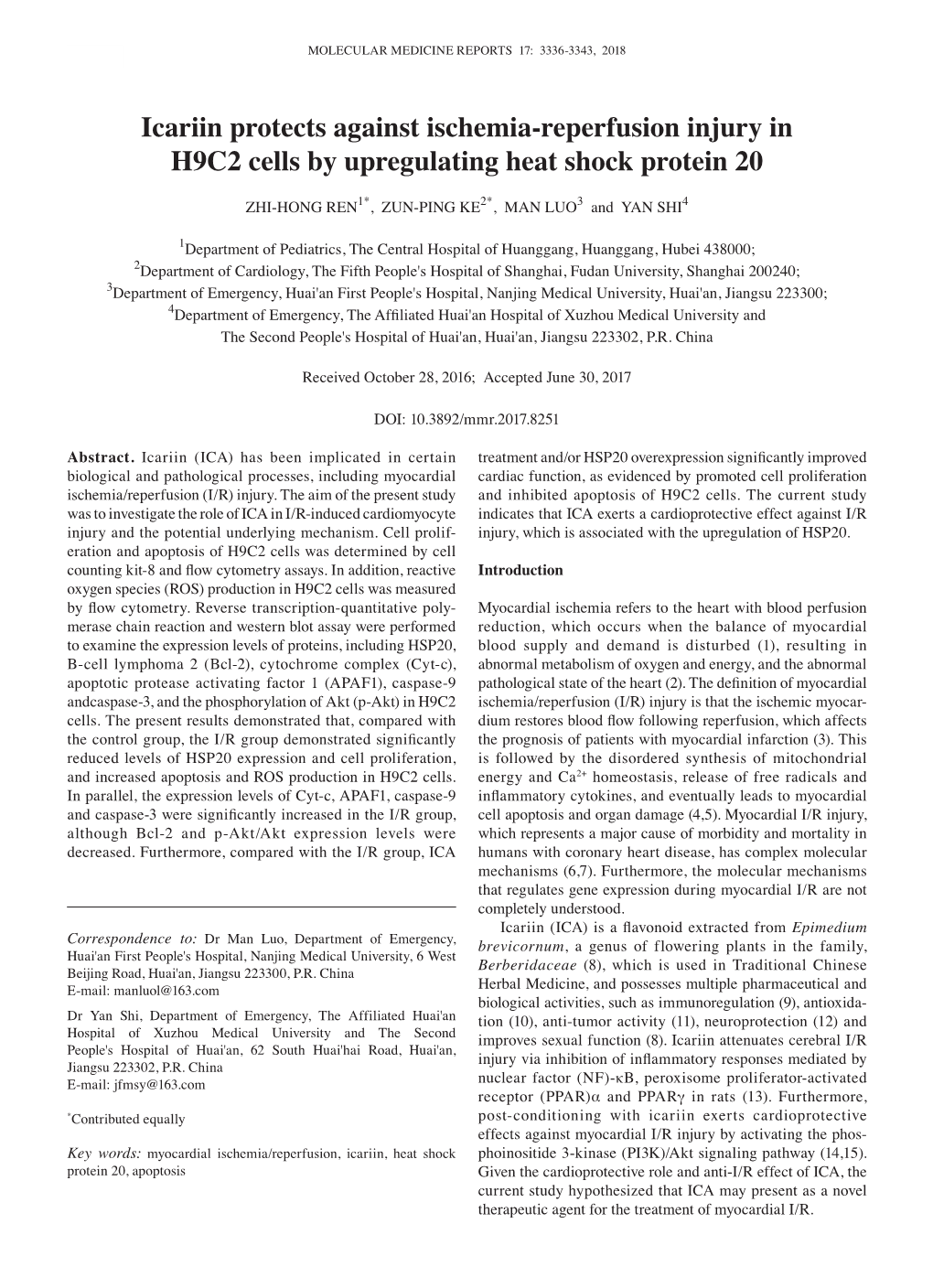 Icariin Protects Against Ischemia‑Reperfusion Injury in H9C2 Cells by Upregulating Heat Shock Protein 20