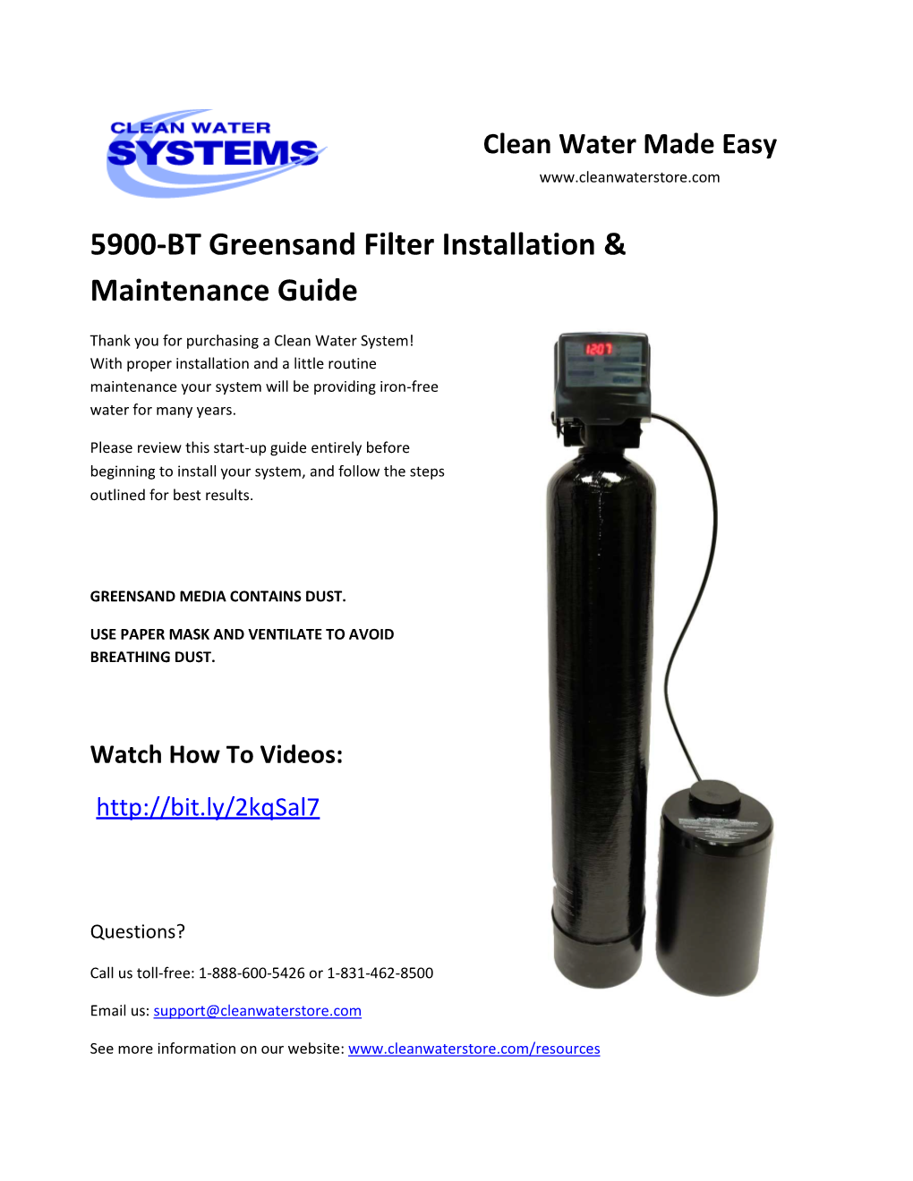 5900-BT Greensand Filter Installation & Maintenance Guide