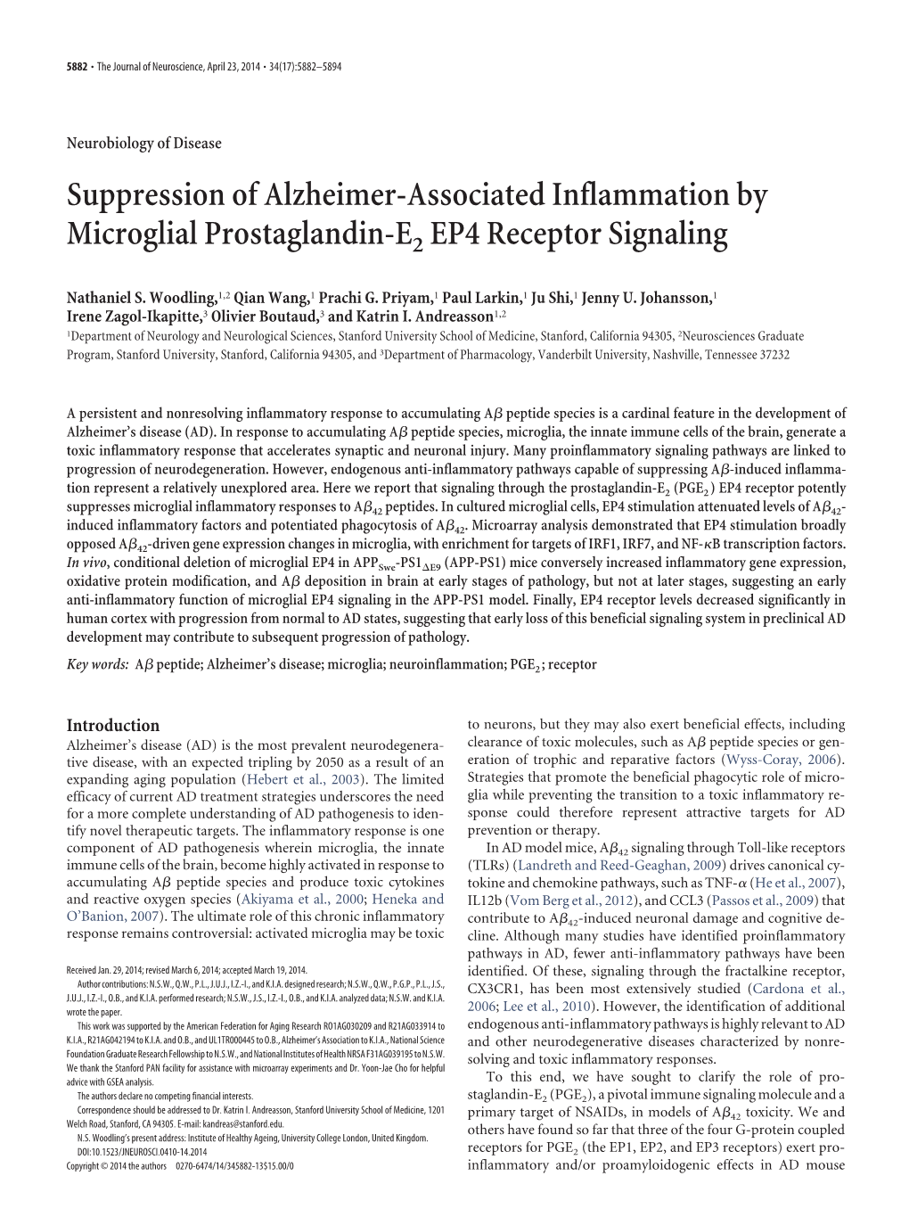 Suppression of Alzheimer-Associated Inflammation by Microglial Prostaglandin-E2 EP4 Receptor Signaling