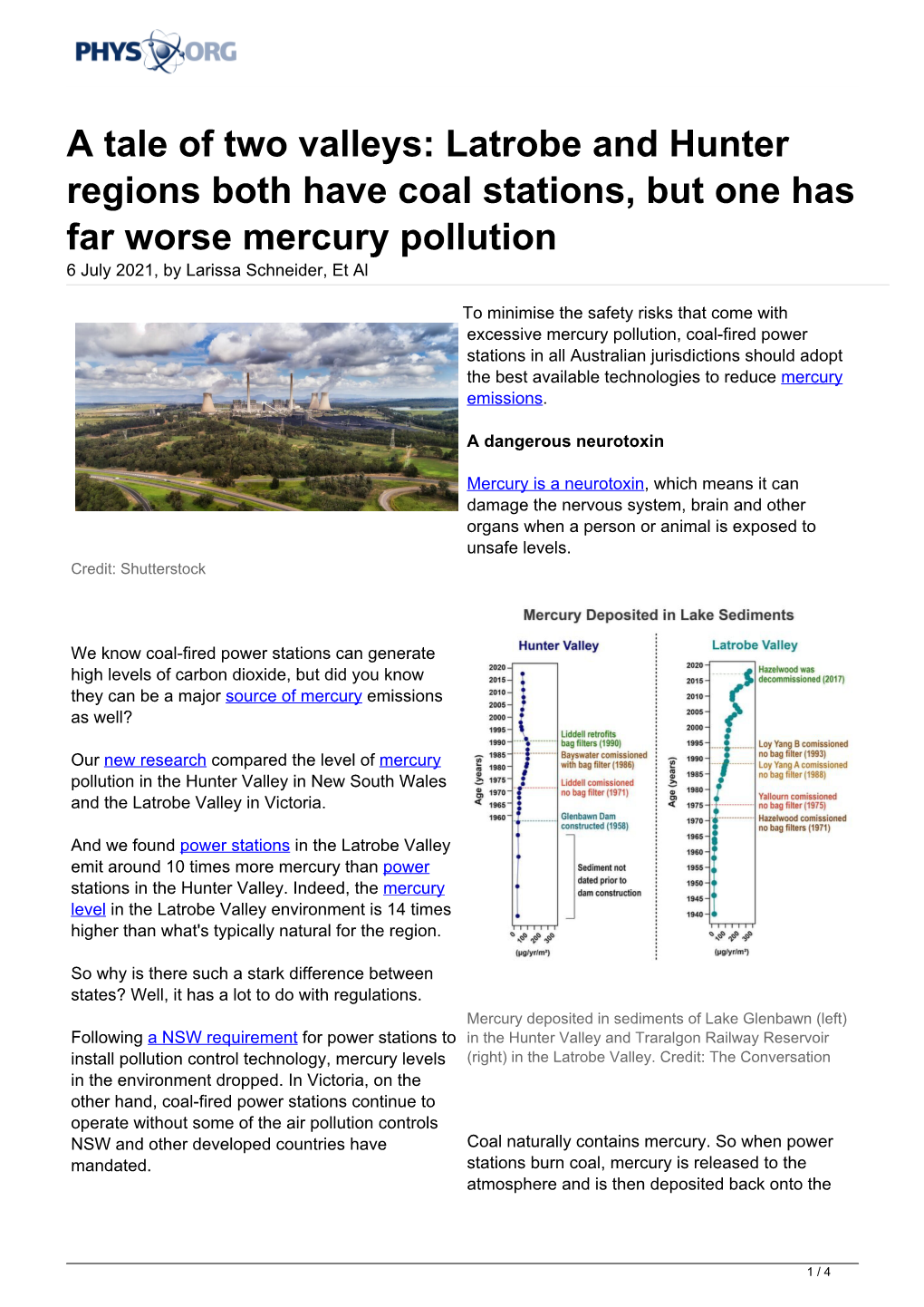 Latrobe and Hunter Regions Both Have Coal Stations, but One Has Far Worse Mercury Pollution 6 July 2021, by Larissa Schneider, Et Al