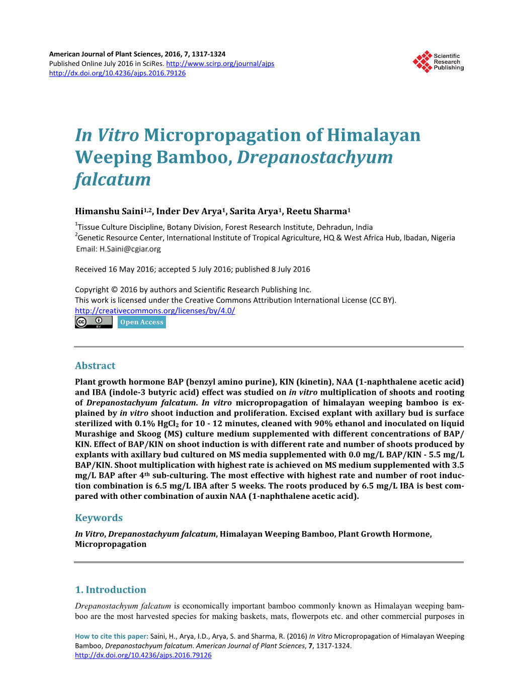 In Vitro Micropropagation of Himalayan Weeping Bamboo, Drepanostachyum Falcatum