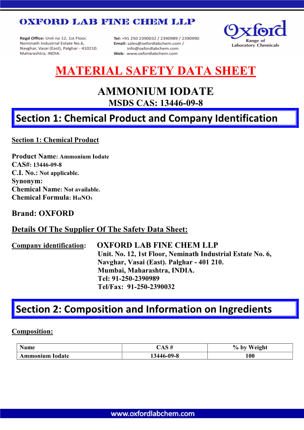 Material Safety Data Sheet Ammonium Iodate Msds Cas: 13446-09-8
