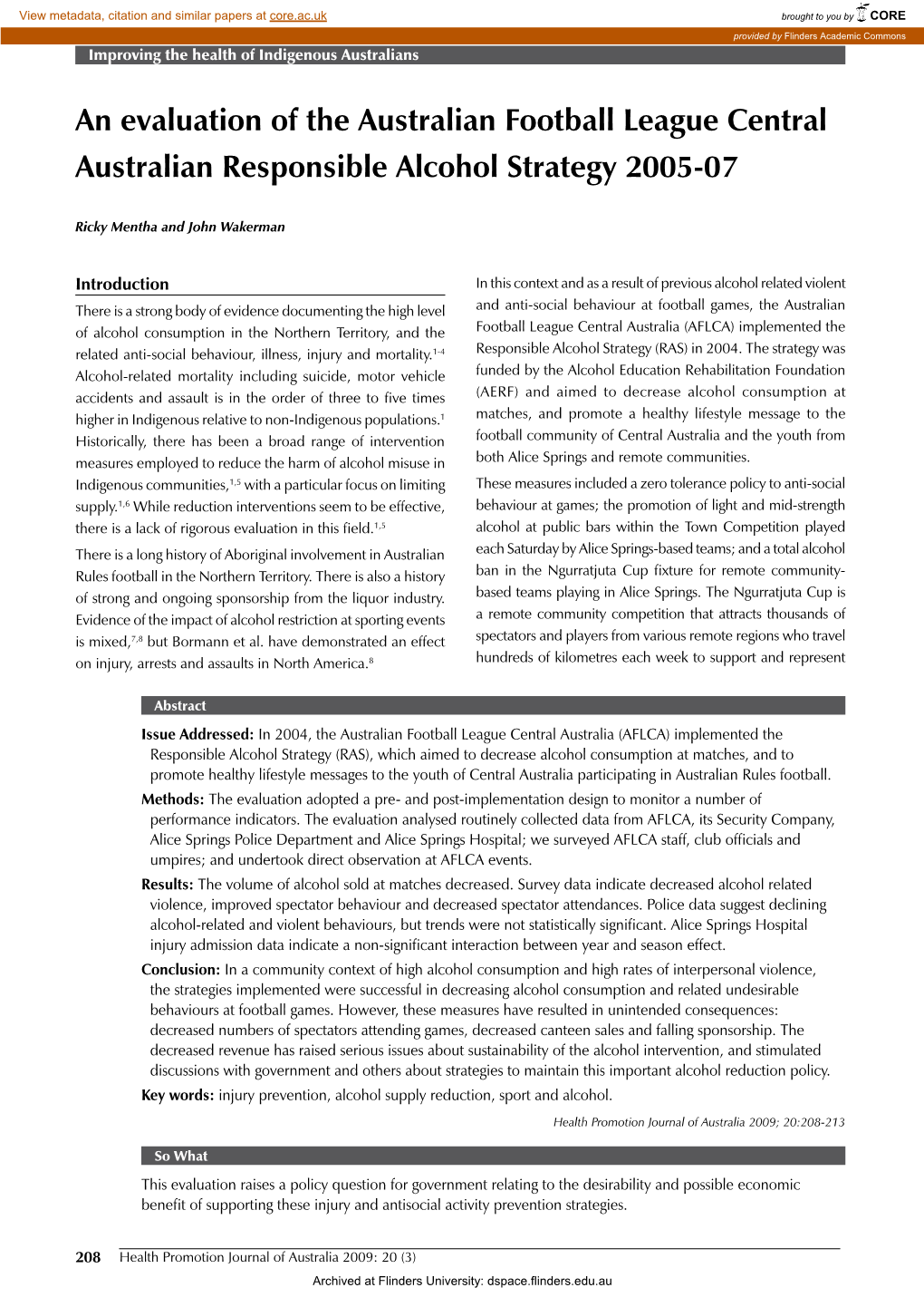 An Evaluation of the Australian Football League Central Australian Responsible Alcohol Strategy 2005-07