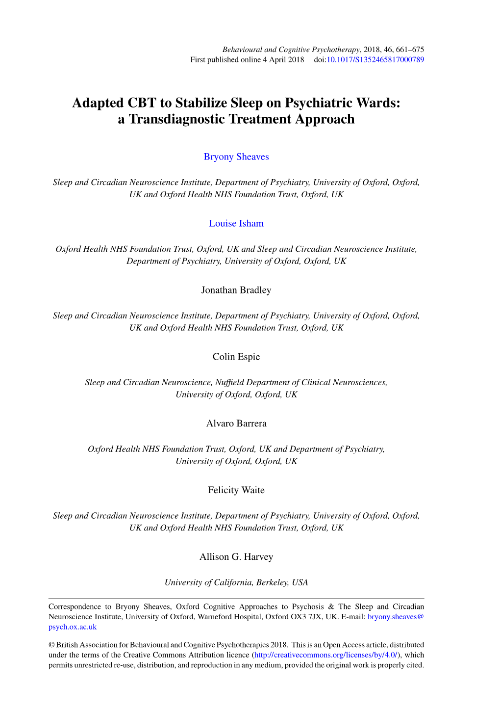 Adapted CBT to Stabilize Sleep on Psychiatric Wards: a Transdiagnostic Treatment Approach