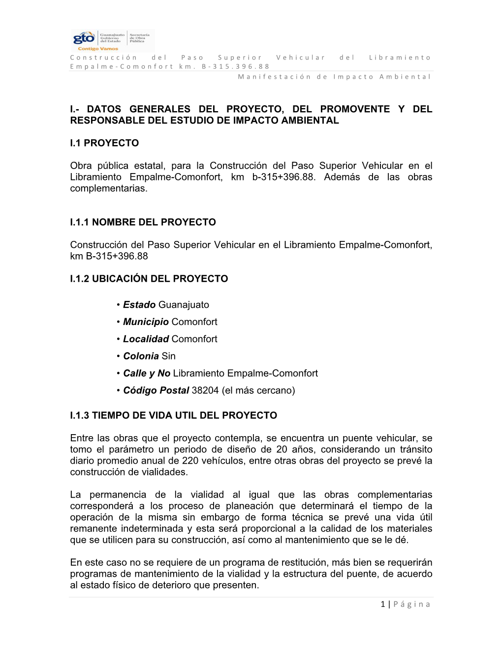 I.- Datos Generales Del Proyecto, Del Promovente Y Del Responsable Del Estudio De Impacto Ambiental