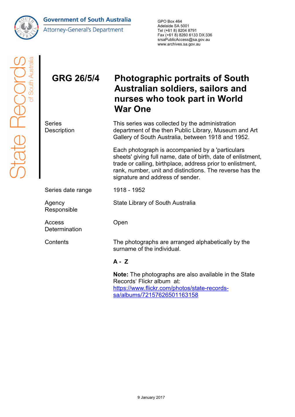 GRG 26/5/4 Photographic Portraits of South Australian Soldiers, Sailors and Nurses Who Took Part in World War One