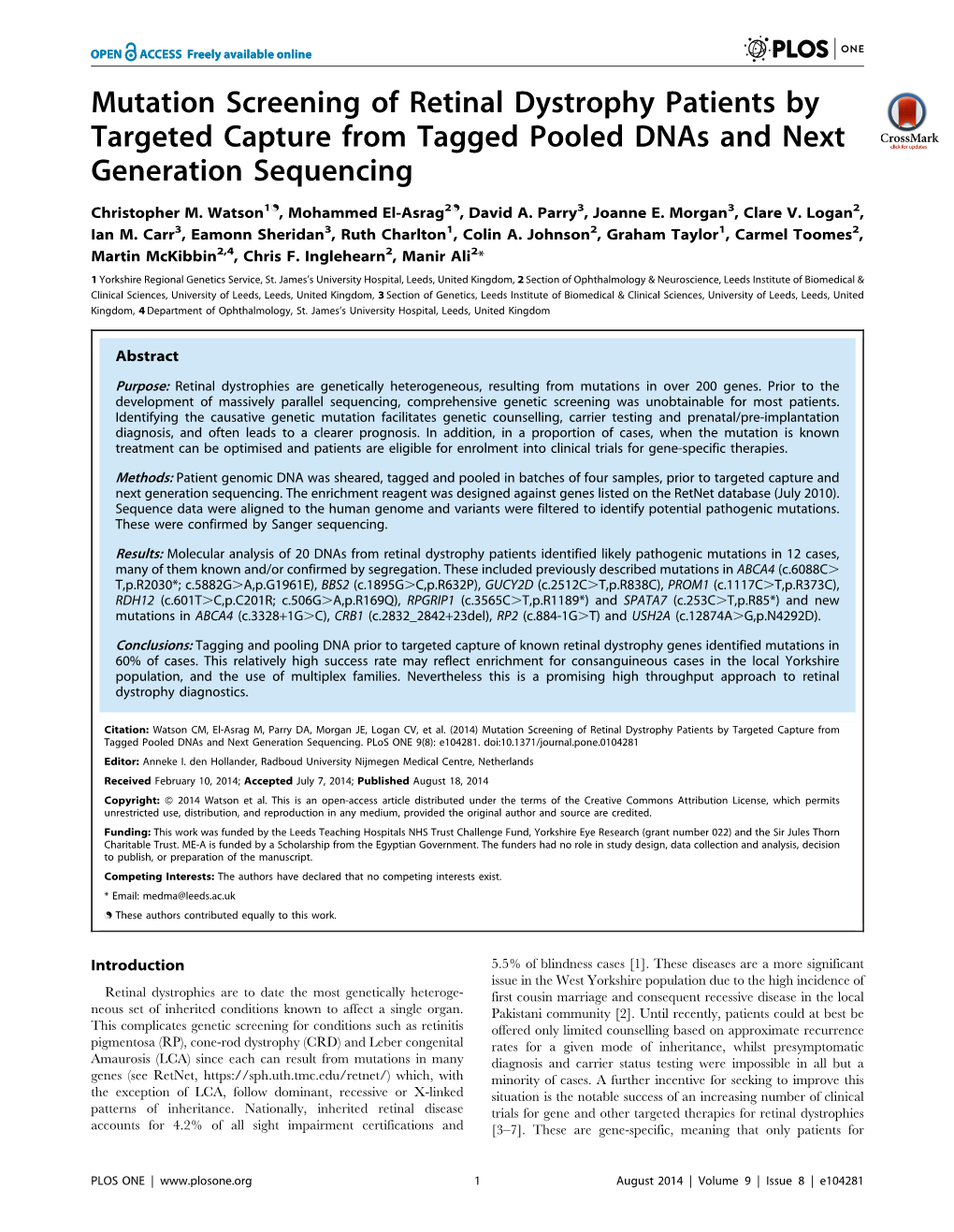 Mutation Screening of Retinal Dystrophy Patients by Targeted Capture from Tagged Pooled Dnas and Next Generation Sequencing