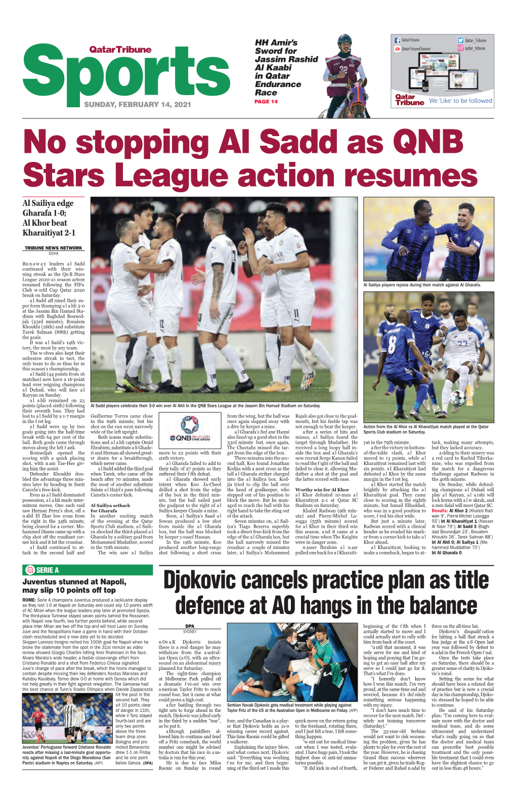 No Stopping Al Sadd As QNB Stars League Action Resumes Al Sailiya Edge Gharafa 1-0; Al Khor Beat Kharaitiyat 2-1