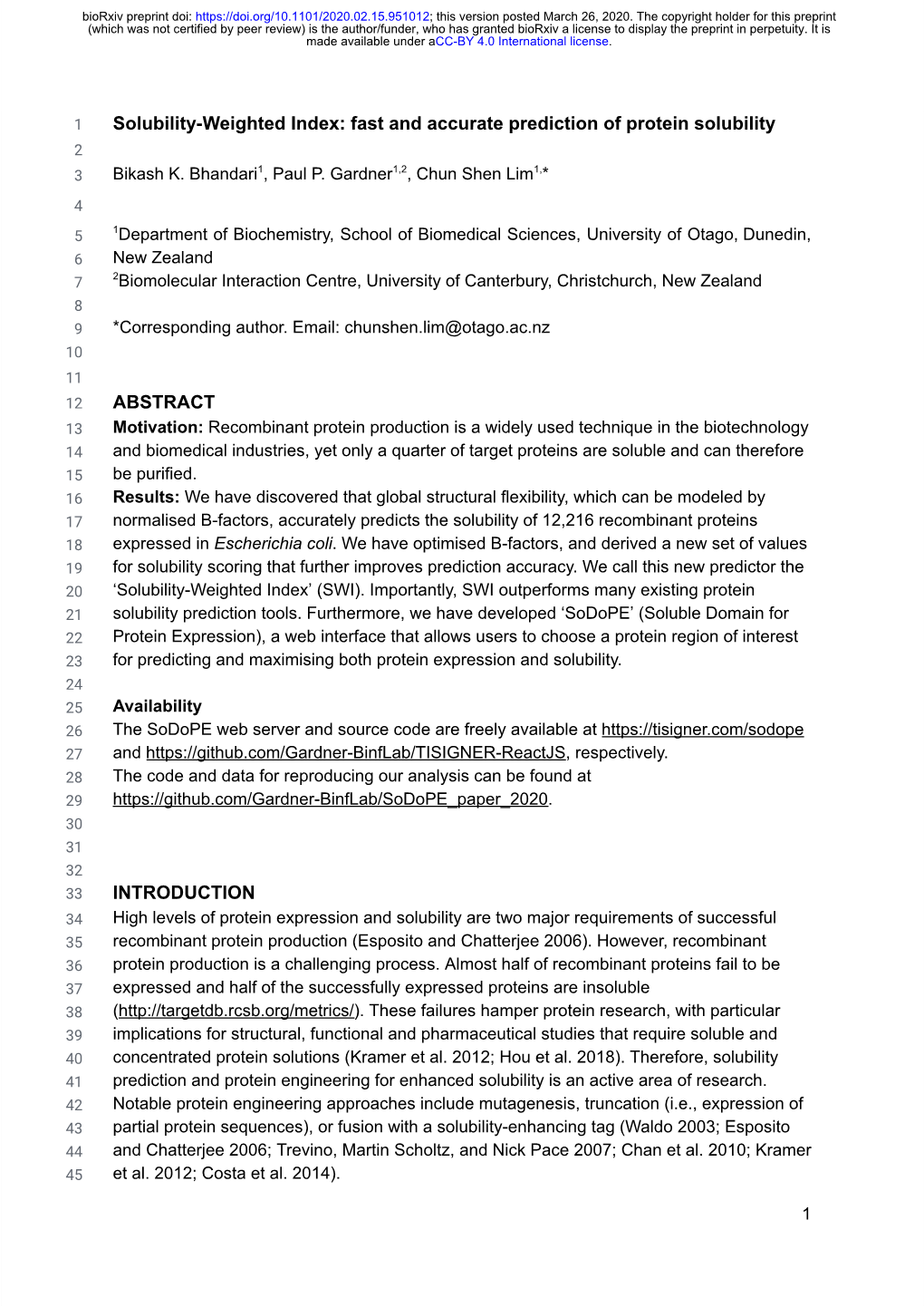 Fast and Accurate Prediction of Protein Solubility 2 1 1,2 1, 3 Bikash K