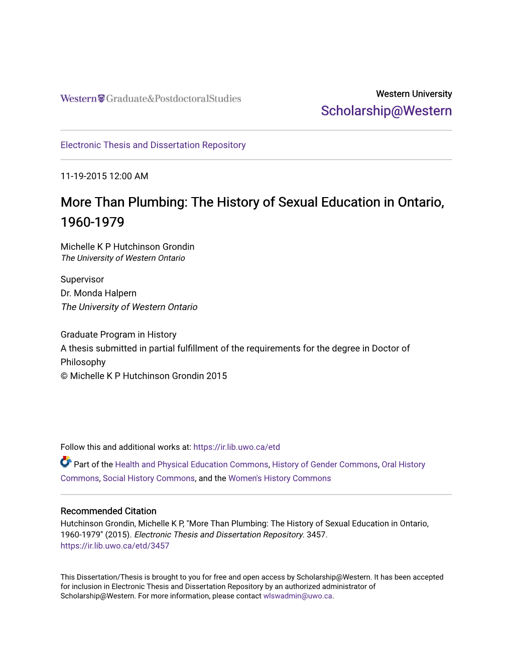 Than Plumbing: the History of Sexual Education in Ontario, 1960-1979