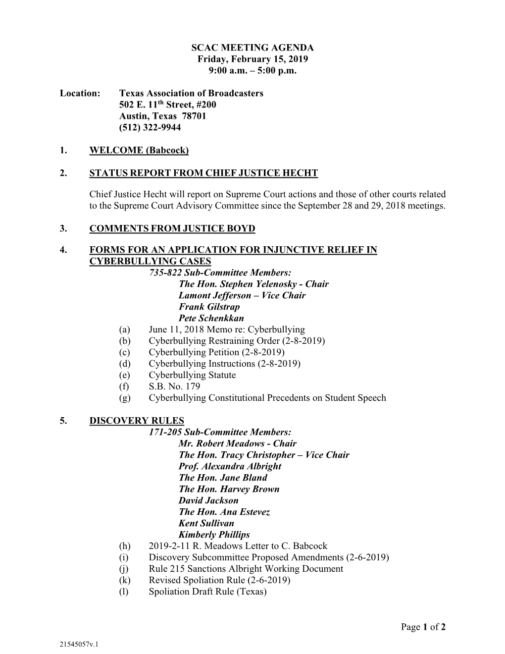 Of 2 SCAC MEETING AGENDA Friday, February 15, 2019 9:00 Am