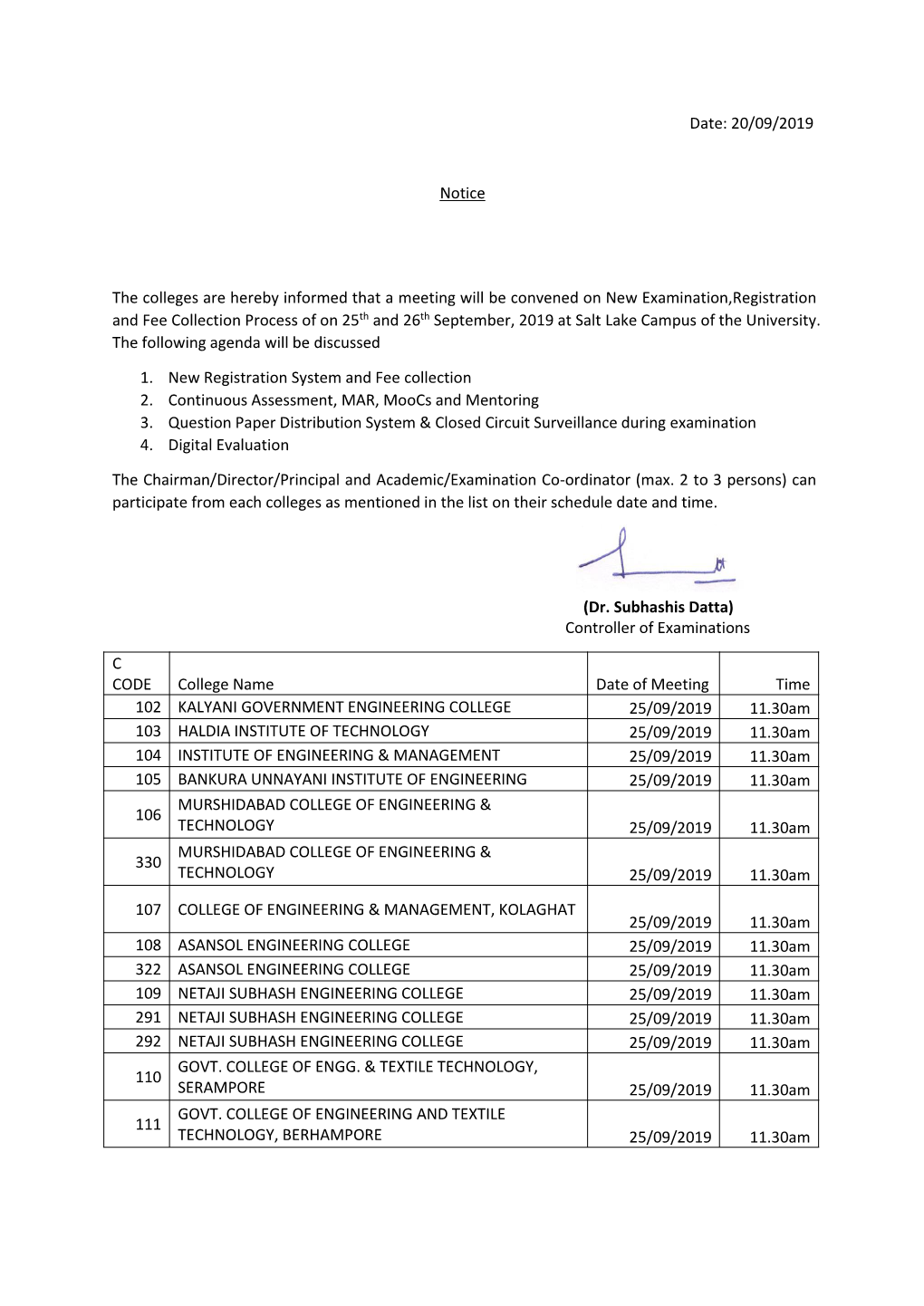 20/09/2019 Notice the Colleges Are Hereby Informed That a Meeting Will