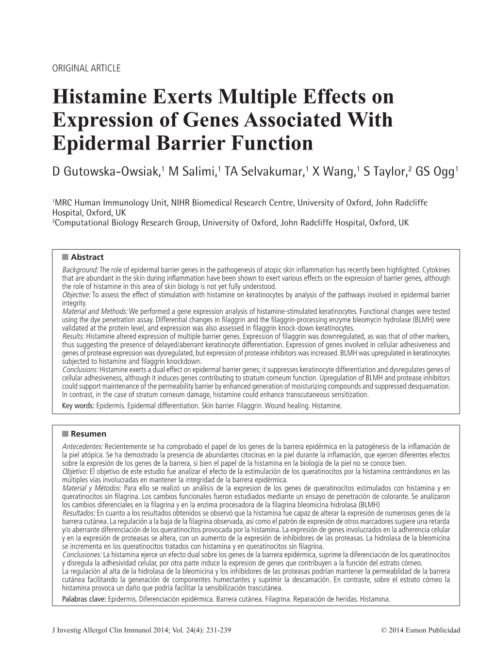 Histamine Exerts Multiple Effects on Expression of Genes Associated