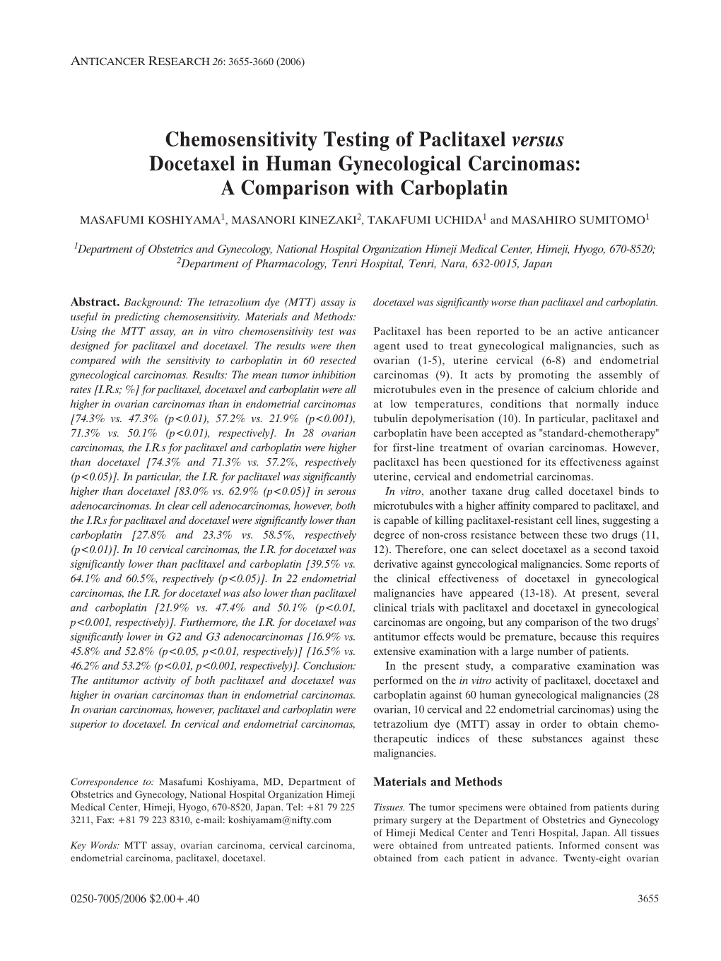 Chemosensitivity Testing of Paclitaxel Versus Docetaxel in Human Gynecological Carcinomas: a Comparison with Carboplatin