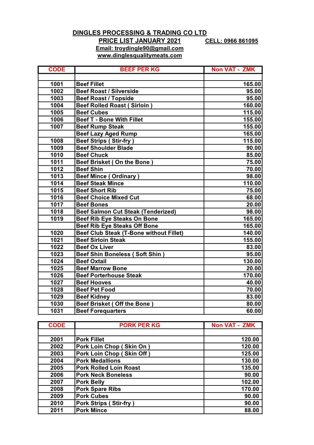 Dingles Processing & Trading Co Ltd Price List January 2021