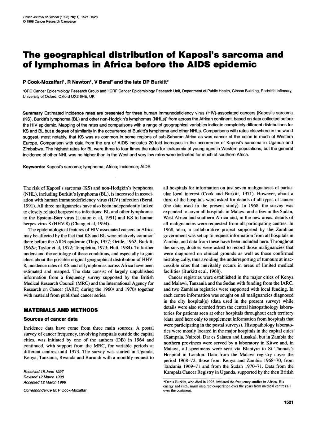 The Geographical Distribution of Kaposi's Sarcoma and of Lymphomas in Africa Before the AIDS Epidemic