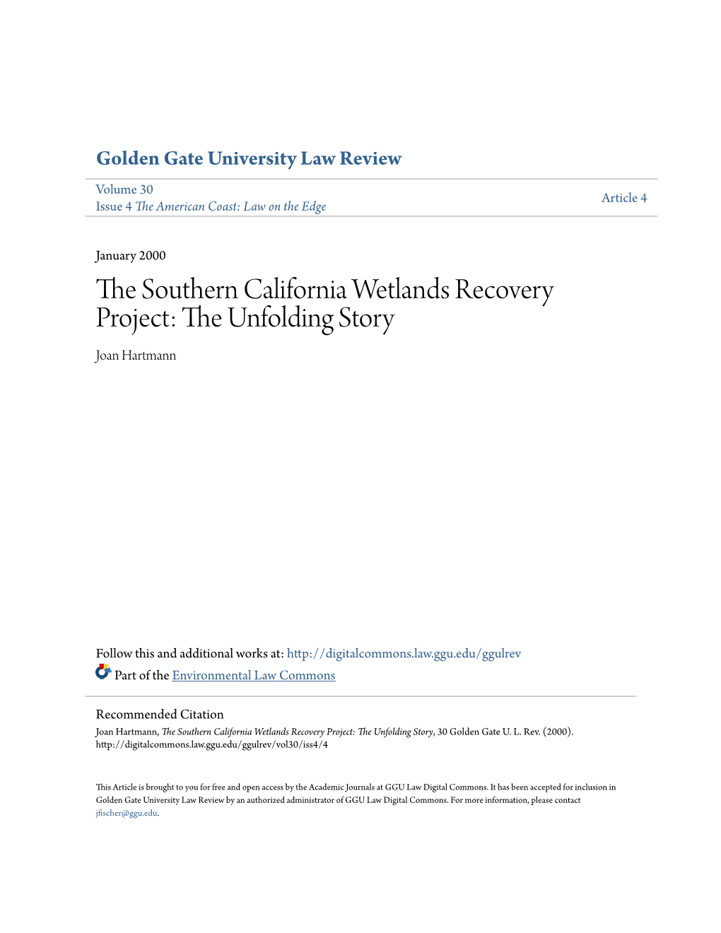 The Southern California Wetlands Recovery Project: the Unfolding Story, 30 Golden Gate U