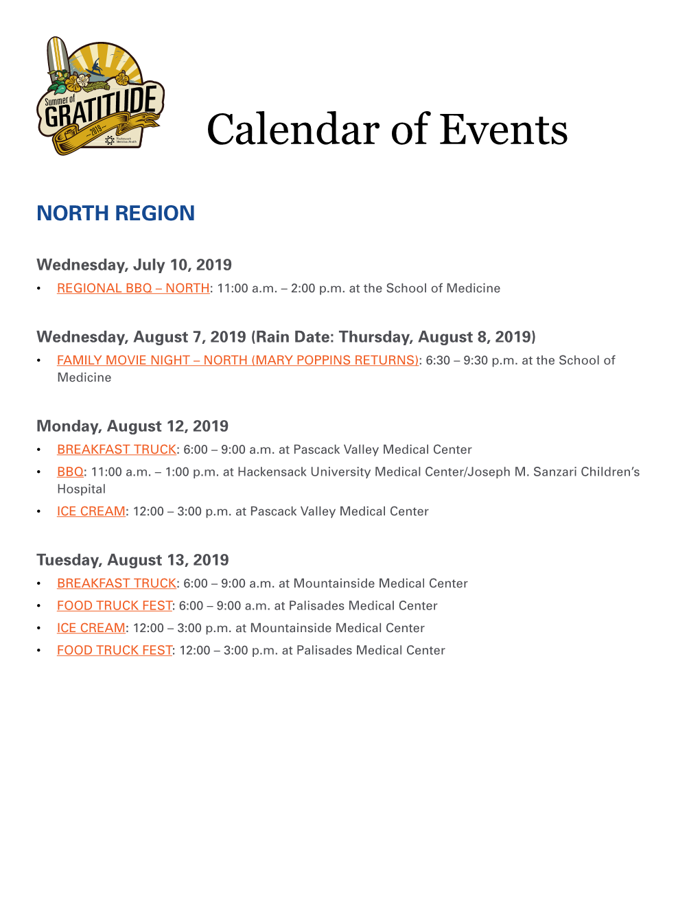 Calendar of Events