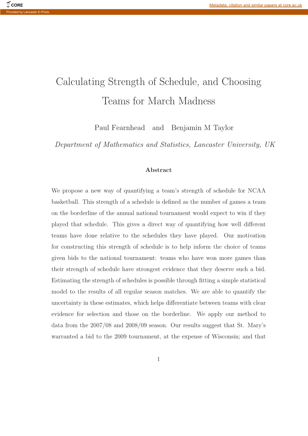 Calculating Strength of Schedule, and Choosing Teams for March Madness