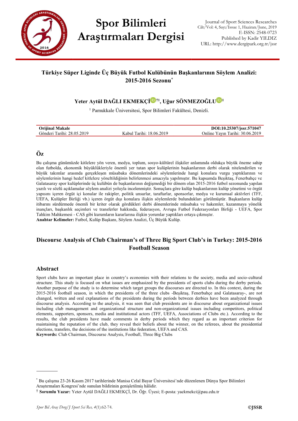 Spor Bilimleri Araştırmaları Dergisi, 4(1), 62-74