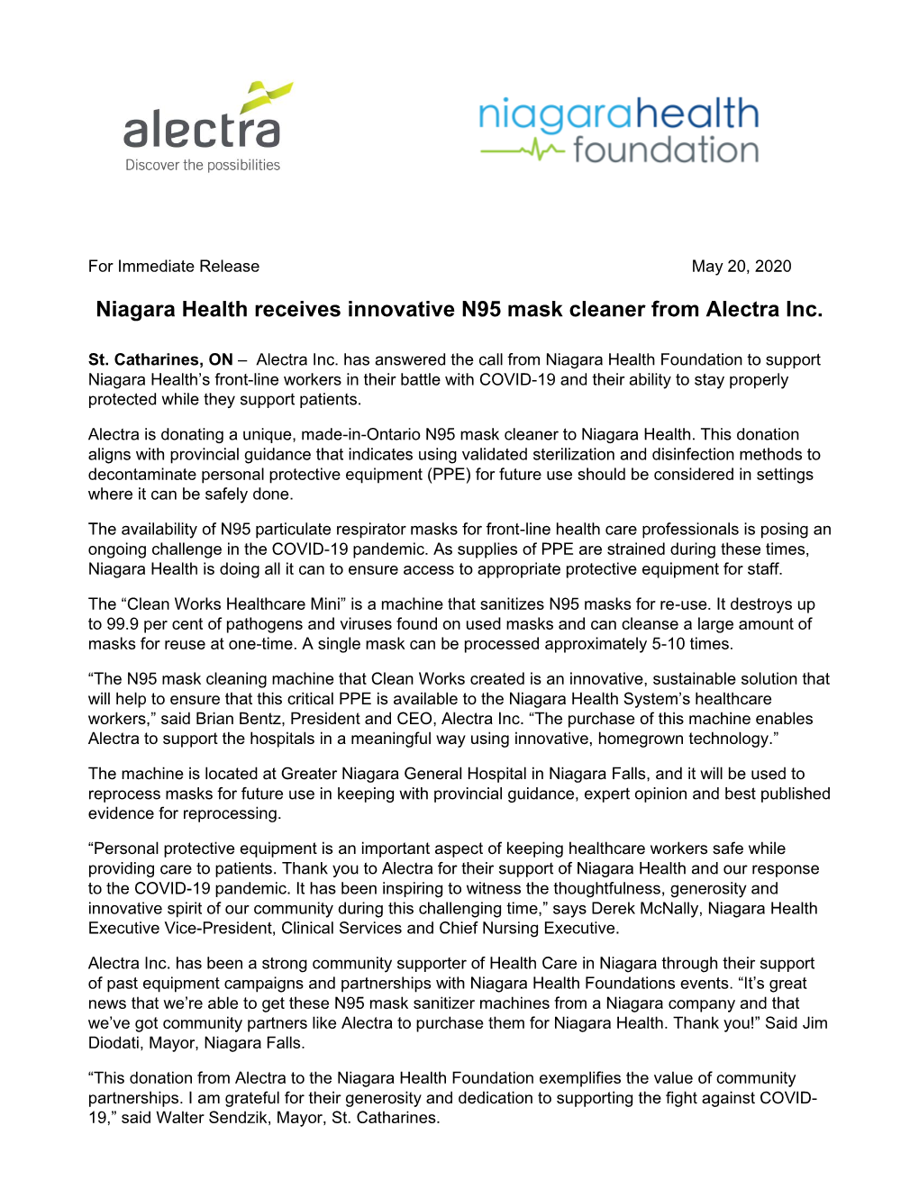 Niagara Health Receives Innovative N95 Mask Cleaner from Alectra Inc