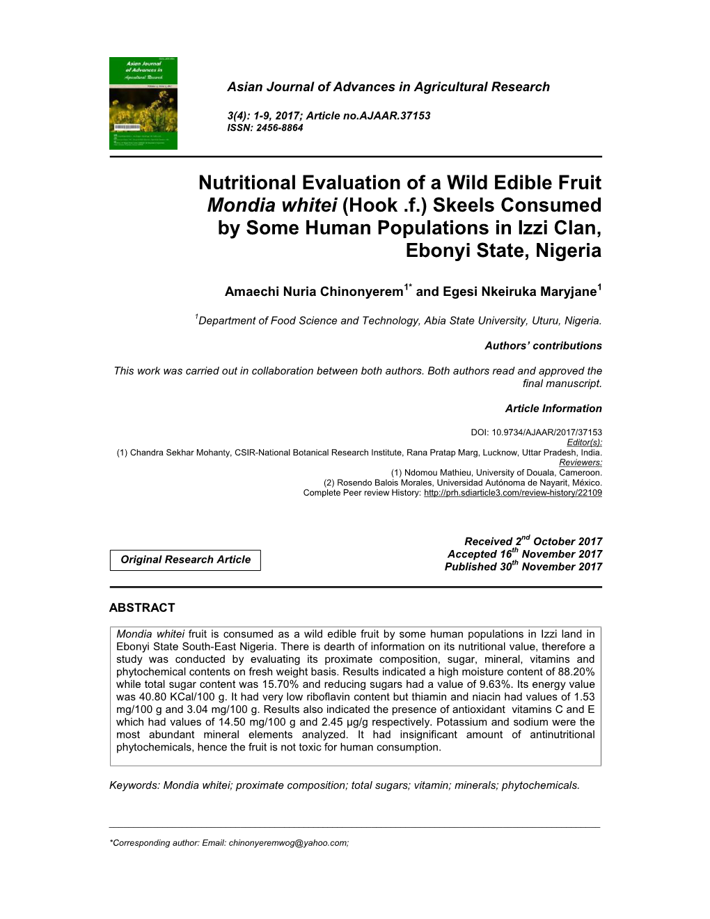 Nutritional Evaluation of a Wild Edible Fruit Mondia Whitei (Hook .F.) Skeels Consumed by Some Human Populations in Izzi Clan, Ebonyi State, Nigeria