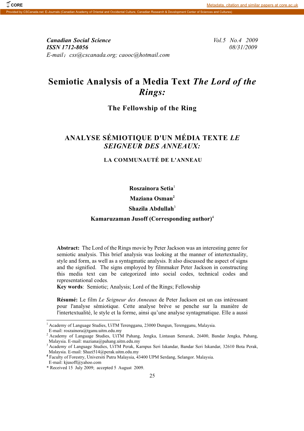 Semiotic Analysis of a Media Text the Lord of the Rings