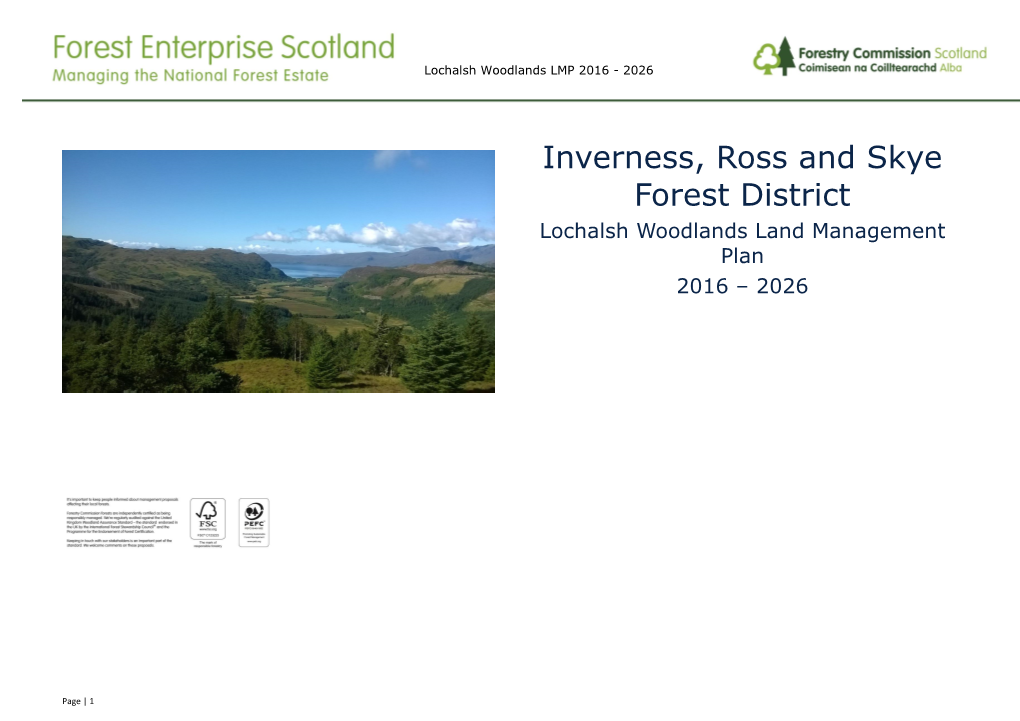 Inverness, Ross and Skye Forest District Lochalsh Woodlands Land Management Plan 2016 – 2026