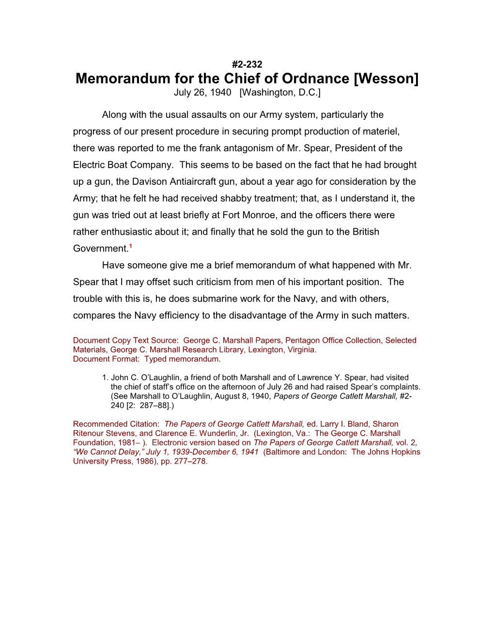 Memorandum for the Chief of Ordnance Wesson