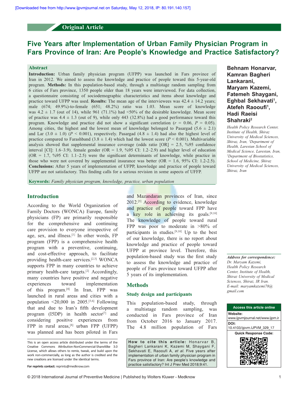 Five Years After Implementation of Urban Family Physician Program in Fars Province of Iran: Are People’S Knowledge and Practice Satisfactory?