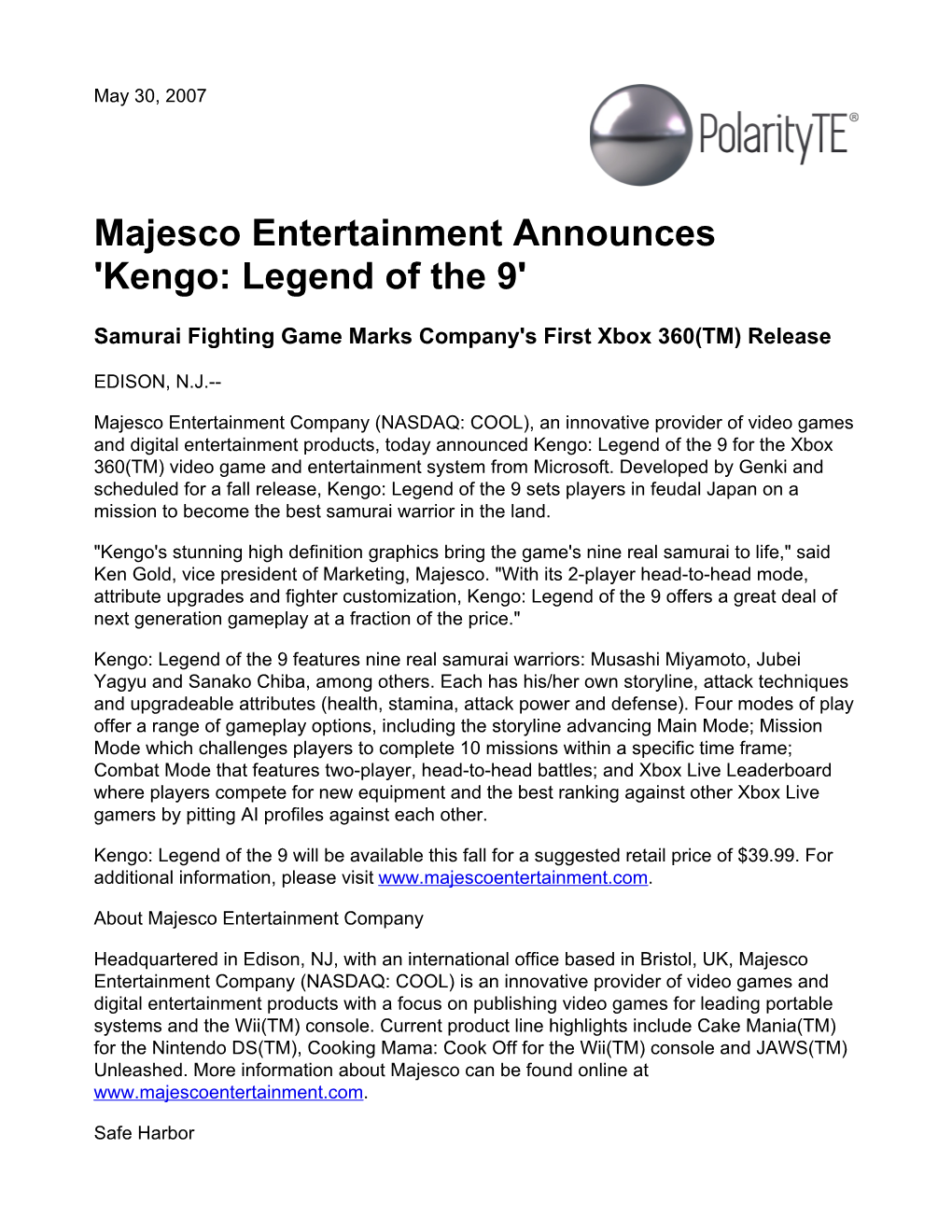 Majesco Entertainment Announces 'Kengo: Legend of the 9'