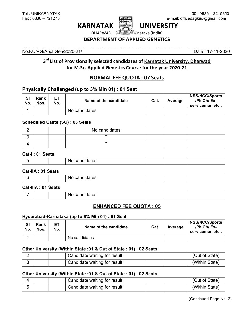 KARNATAK UNIVERSITY DHARWAD – 580003, Karnataka (India) DEPARTMENT of APPLIED GENETICS