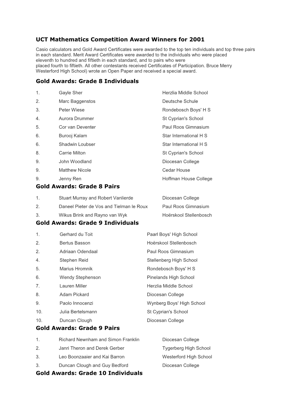 UCT Mathematics Competition Award Winners for 2001 Gold Awards