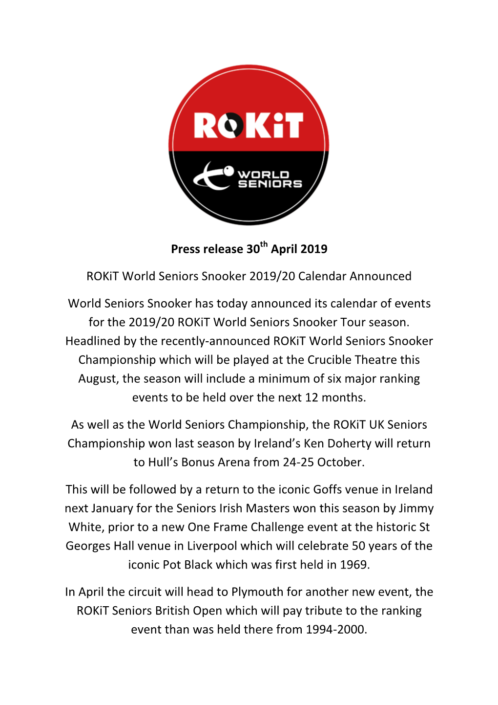Press Release 30 April 2019 Rokit World Seniors Snooker 2019/20