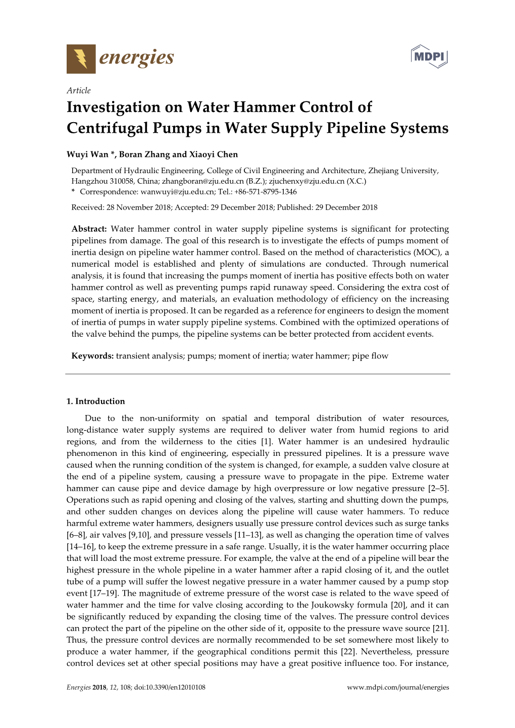 Investigation on Water Hammer Control of Centrifugal Pumps in Water Supply Pipeline Systems