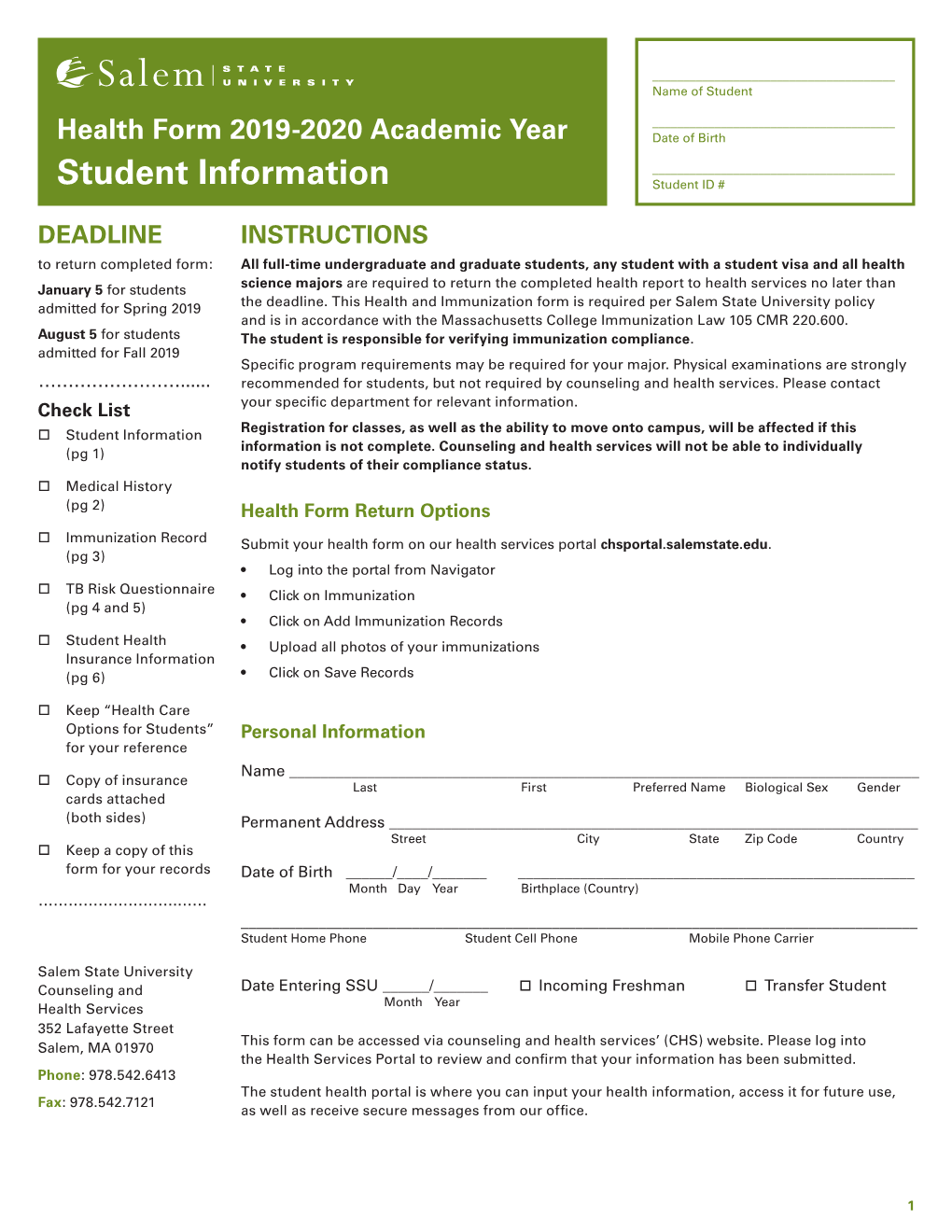 Health Form 2019-2020 Academic Year Student Information