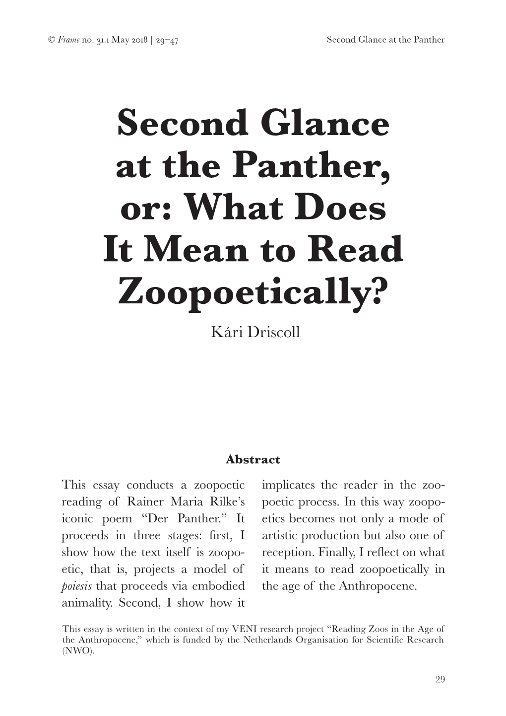 Second Glance at the Panther, Or: What Does It Mean to Read Zoopoetically? Kári Driscoll