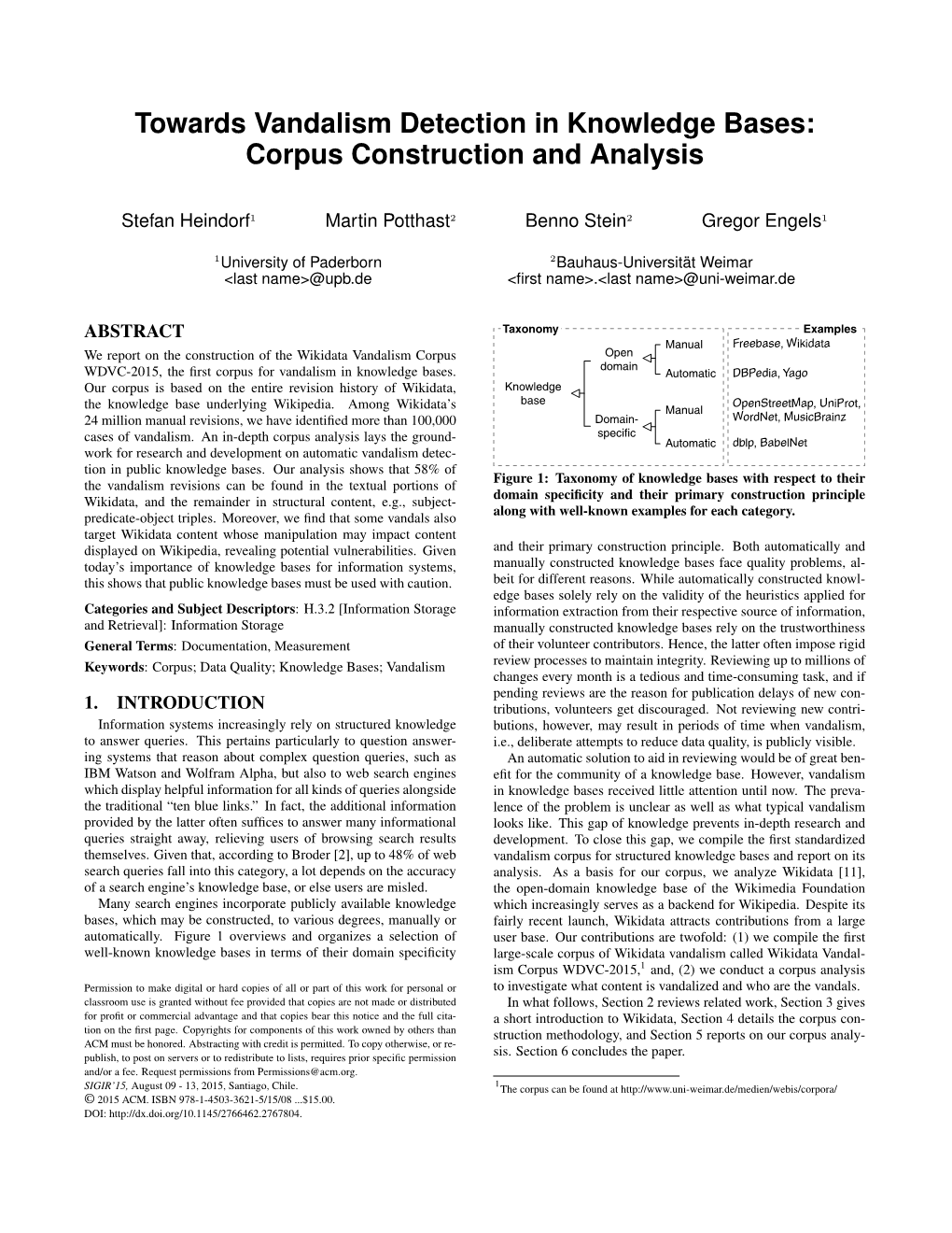 Towards Vandalism Detection in Knowledge Bases: Corpus Construction and Analysis