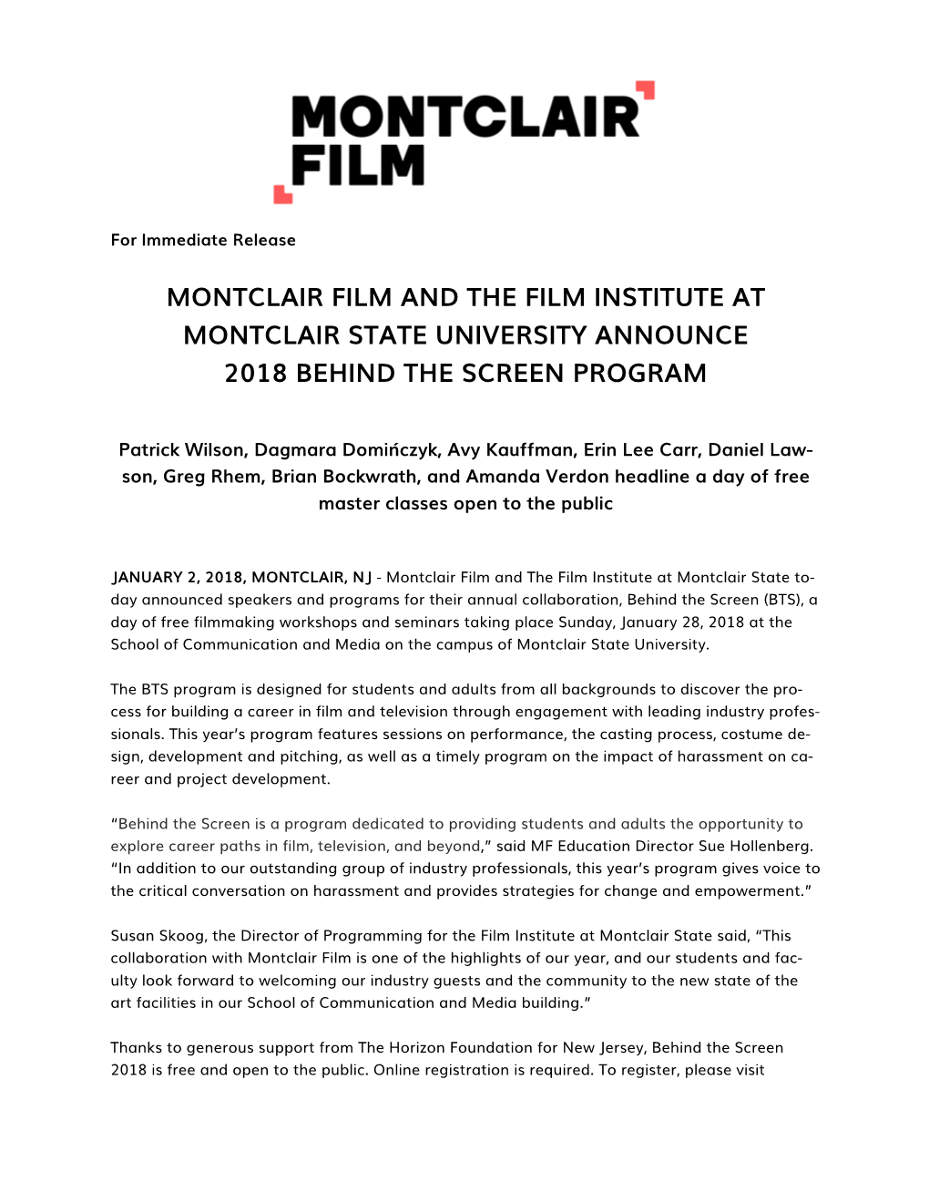 Montclair Film and the Film Institute at Montclair State University Announce 2018 Behind the Screen Program