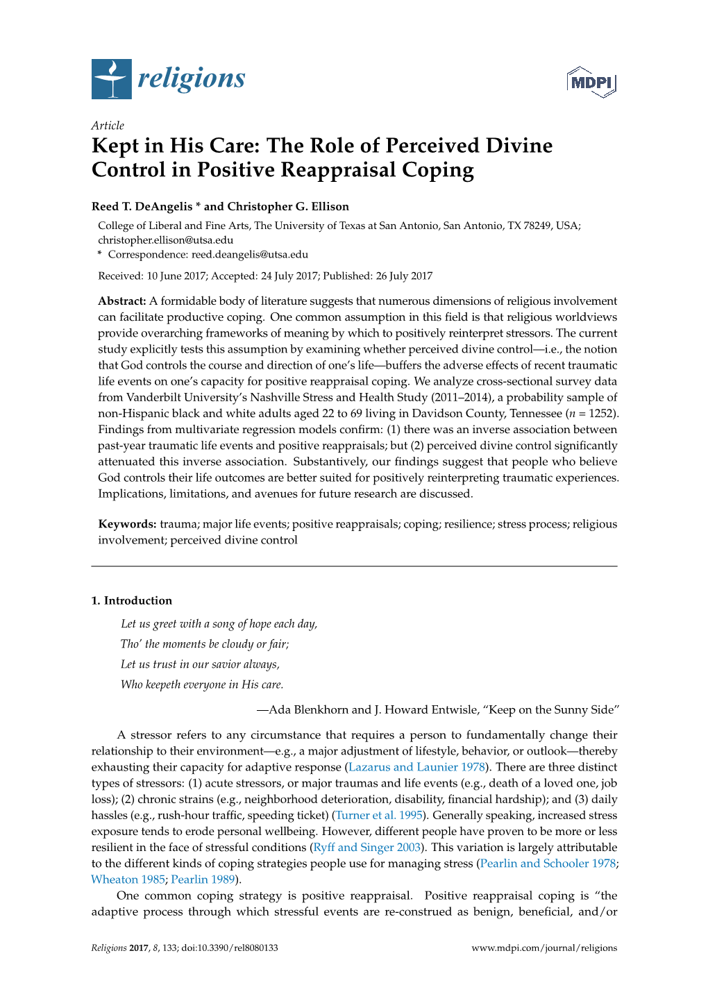 Kept in His Care: the Role of Perceived Divine Control in Positive Reappraisal Coping