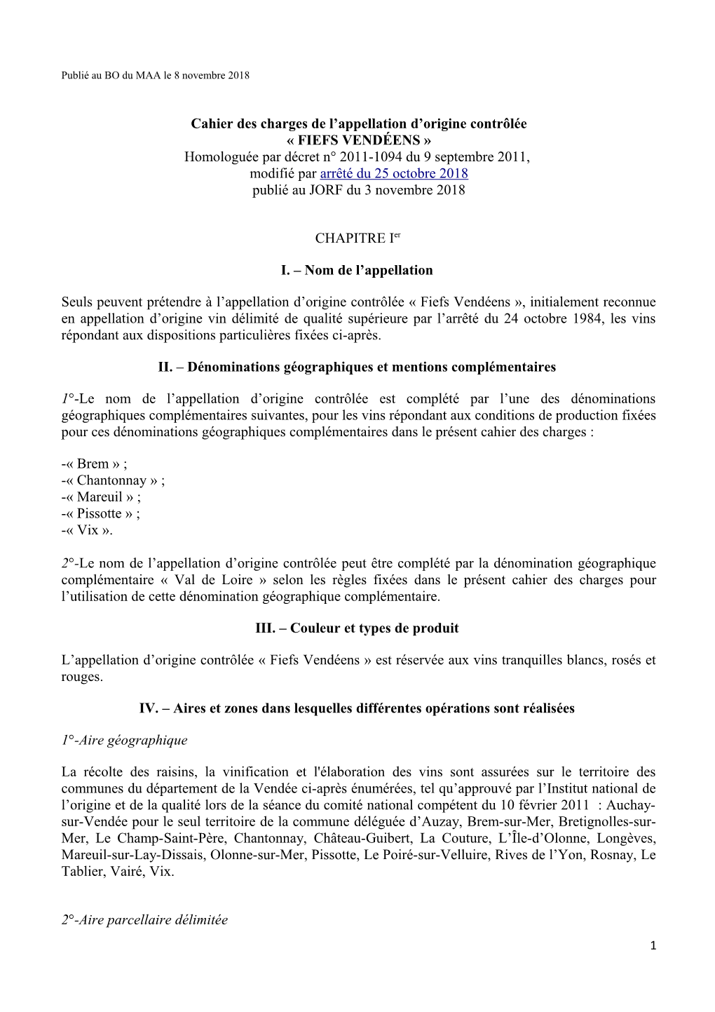 Cahier Des Charges De L'appellation D'origine Contrôlée Fiefs Vendéens