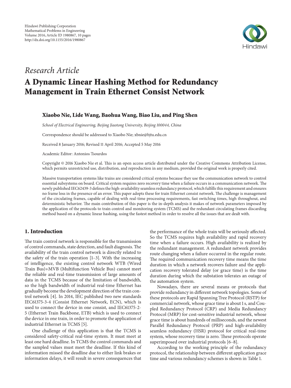 A Dynamic Linear Hashing Method for Redundancy Management in Train Ethernet Consist Network