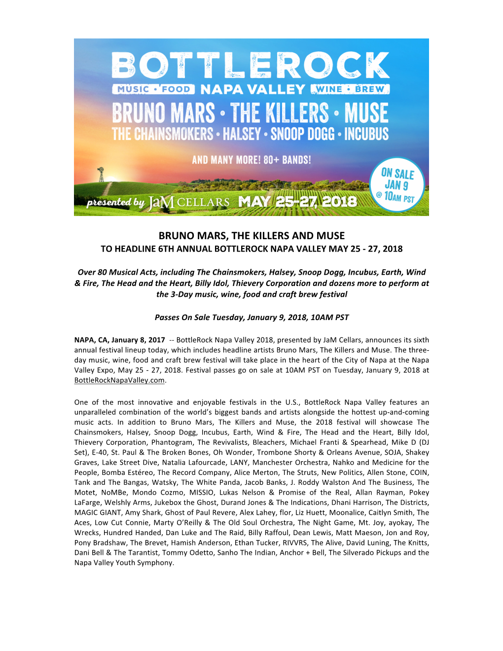 Bruno Mars, the Killers and Muse to Headline 6Th Annual Bottlerock Napa Valley May 25 - 27, 2018