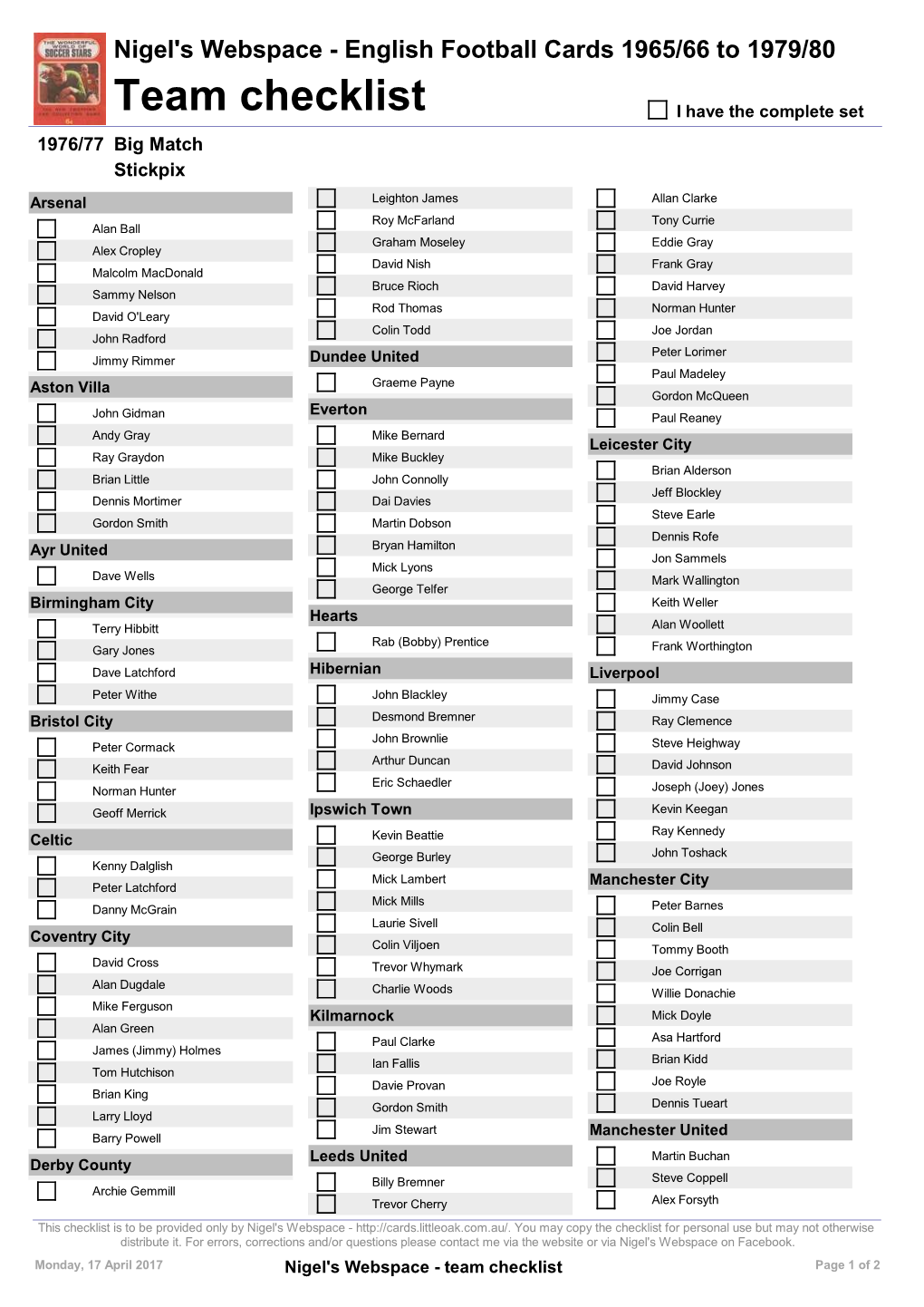 Set Checklist