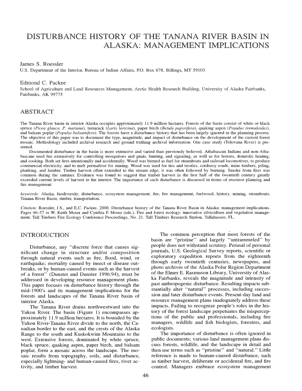 Disturbance History of the Tanana River Basin in Alaska: Management Implications