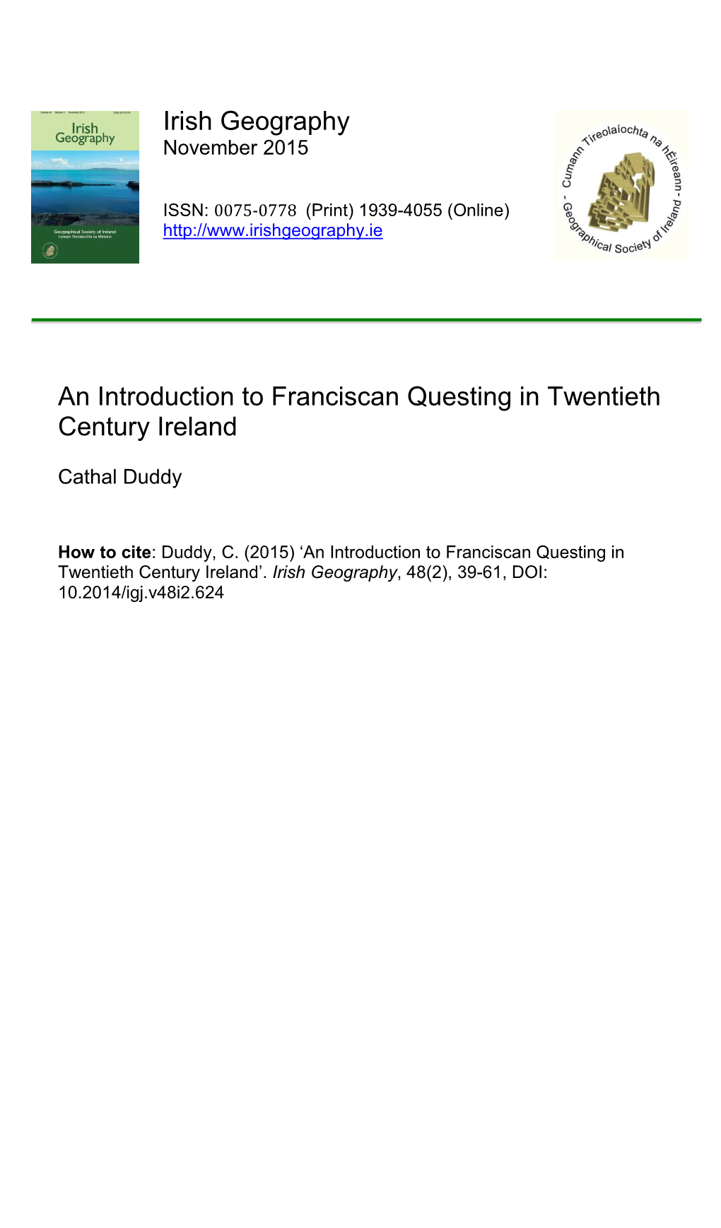Irish Geography an Introduction to Franciscan Questing in Twentieth Century Ireland