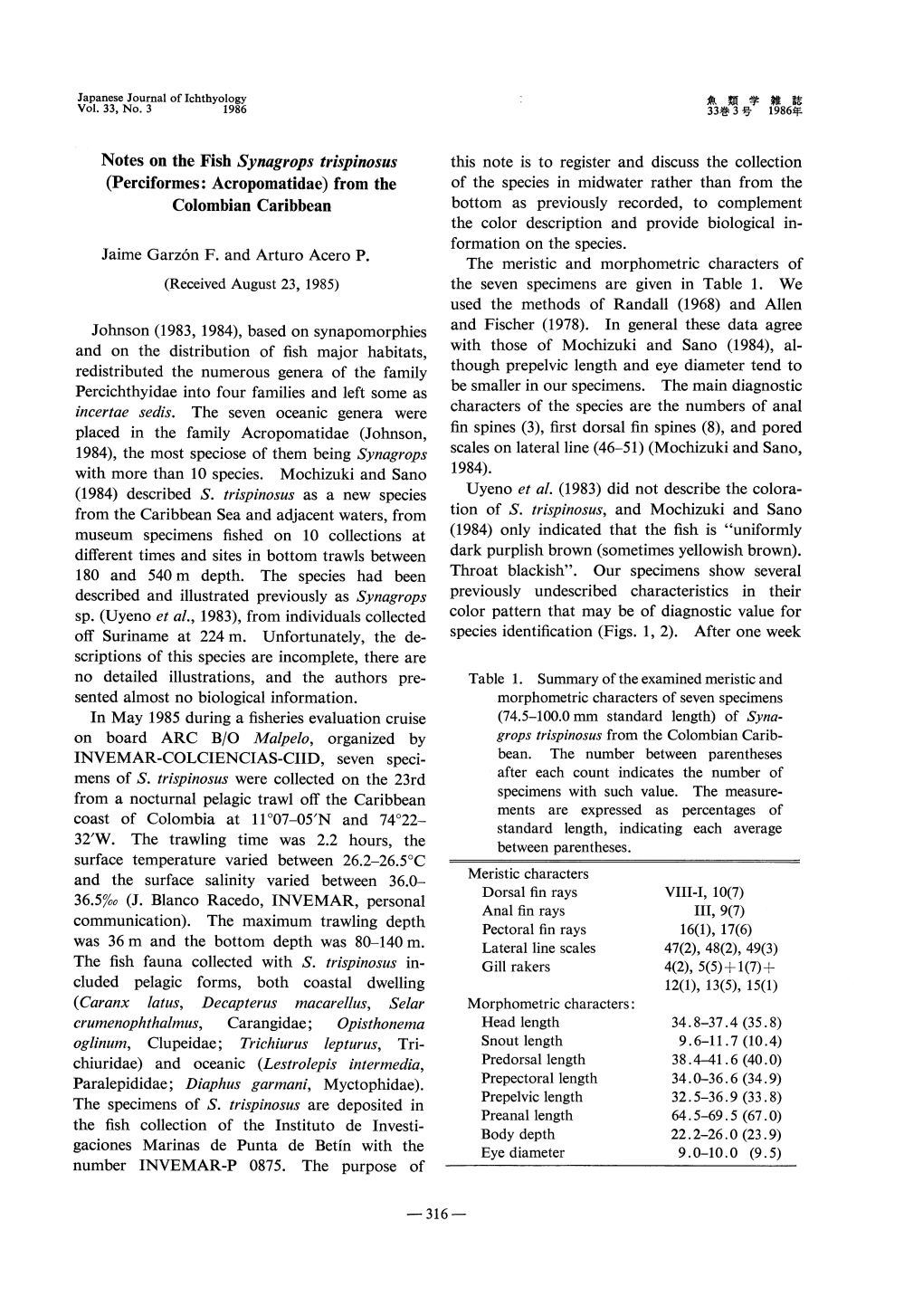 Notes on the Fish Synagrops Trispinosus (Perciformes: Acropomatidae) from the Colombian Caribbean